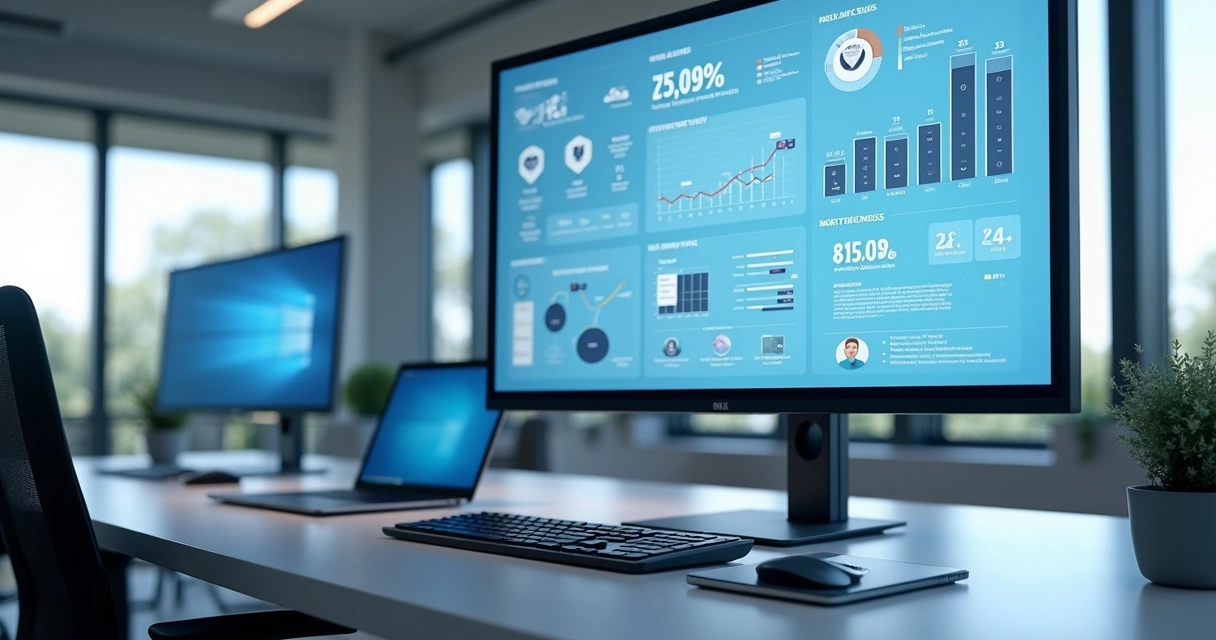 Painel de ERP e CRM em tela corporativa 