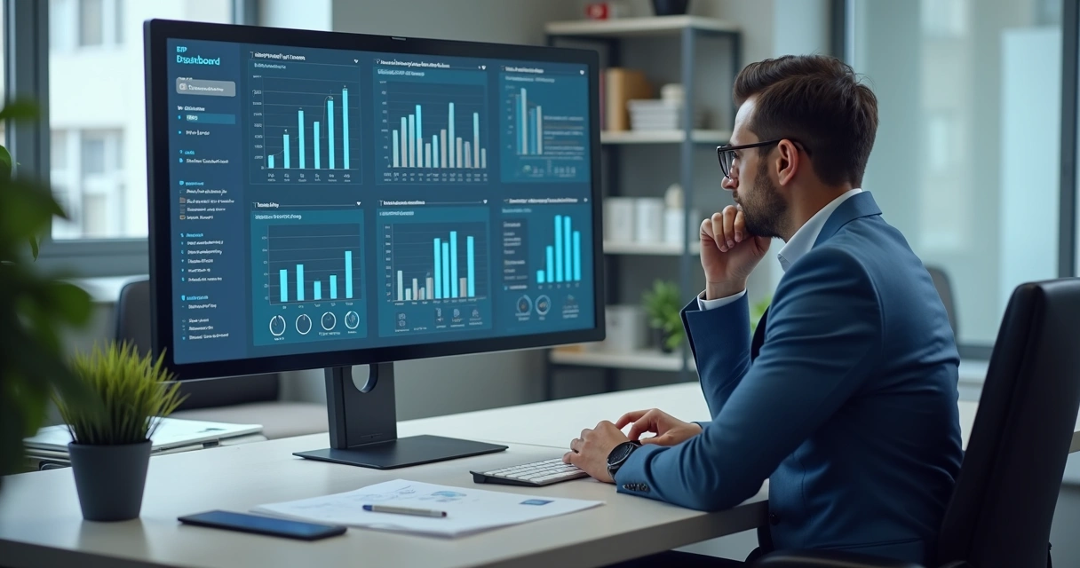 Painel de ERP em escritório com gráficos e setores integrados