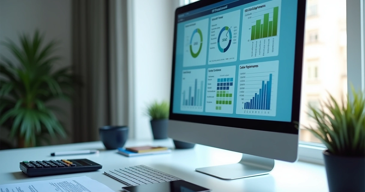 Painel de ERP com gráficos financeiros em escritório