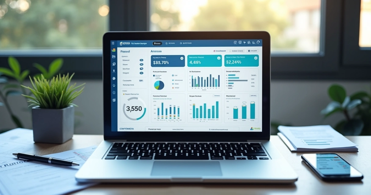 Painel de ERP com gráficos financeiros em notebook e documentos ao lado