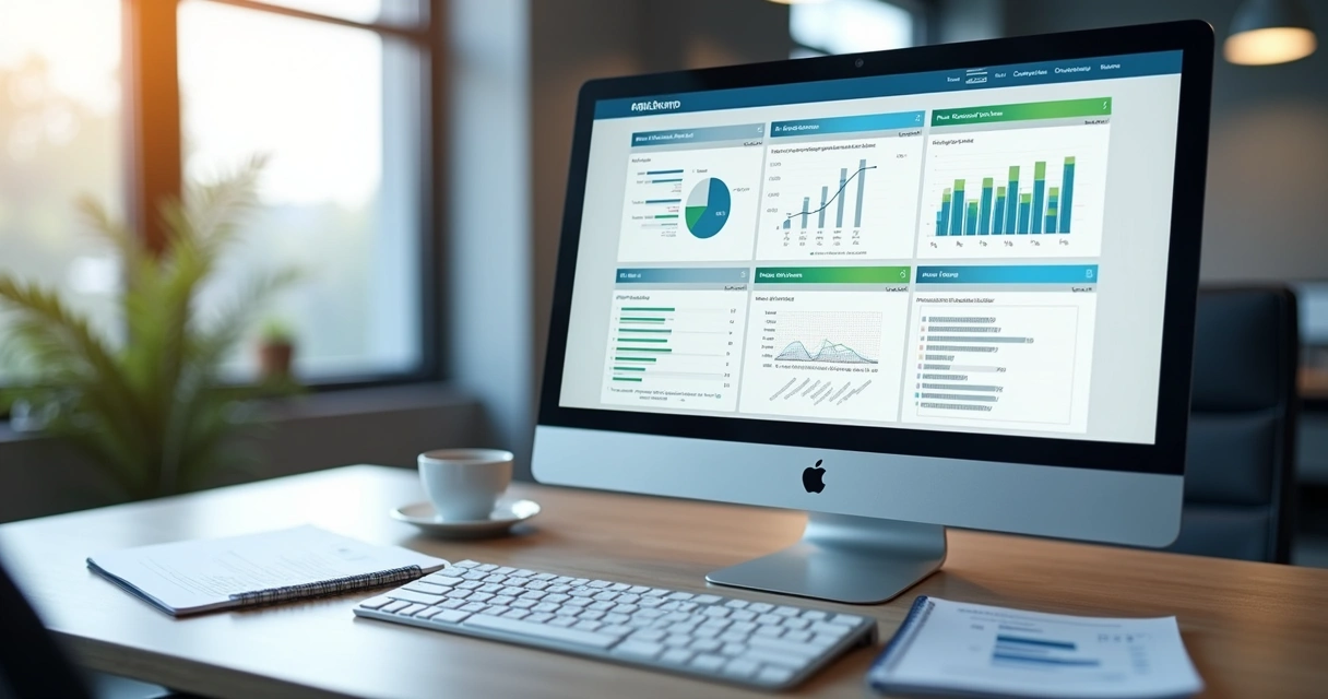 Painel de ERP com gráficos e setores integrados