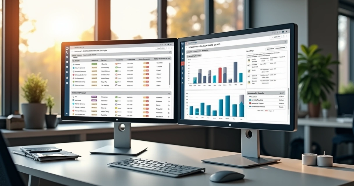 Painel de ERP gráfico com pedidos, produção e financeiro em telas. 