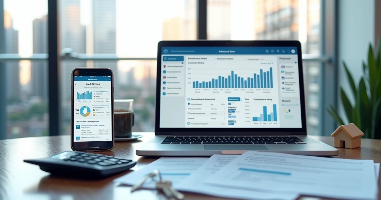 Painel de gestão imobiliária em notebook e celular sobre mesa de escritório
