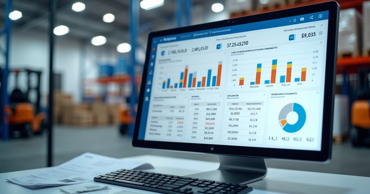 Tela de ERP com gráficos de estoque e pedidos em centro de distribuição 