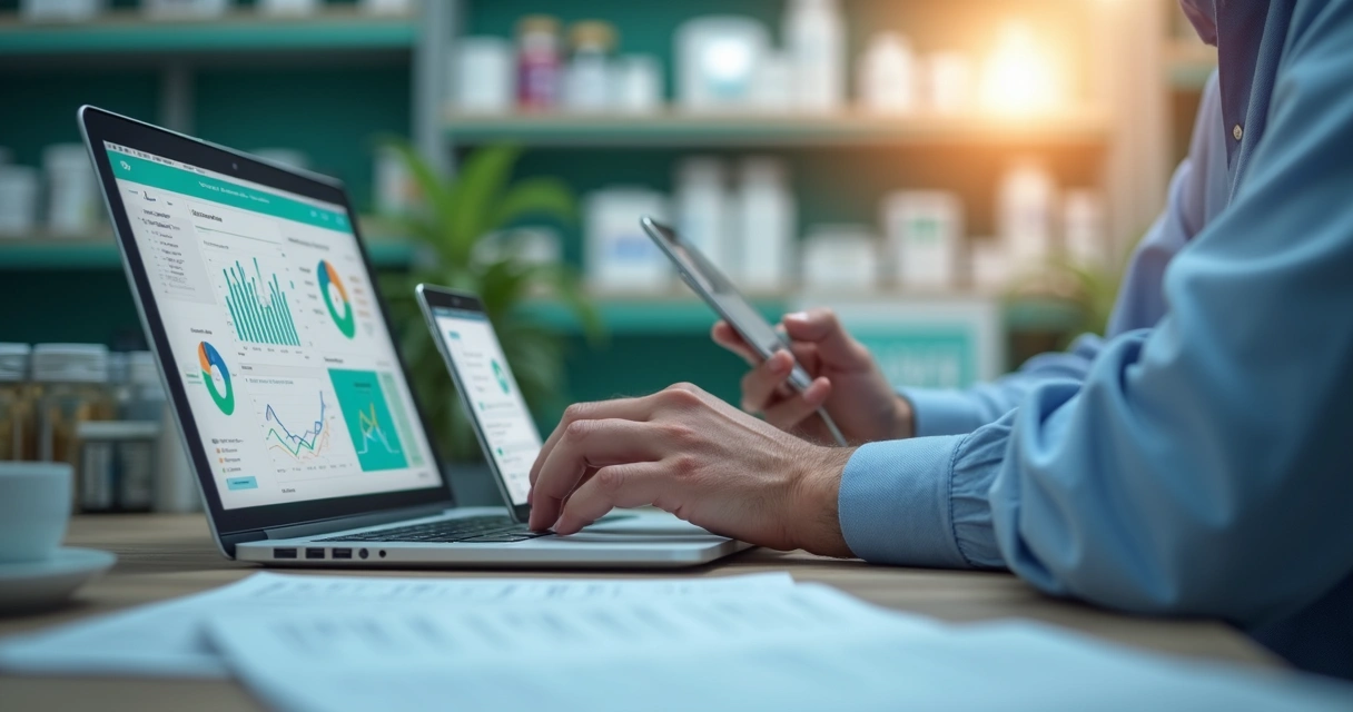 Gestor acompanhando painel de ERP em notebook e celular 