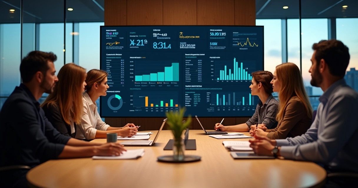 Painel ERP centralizado em telão unindo finanças vendas e estoque 