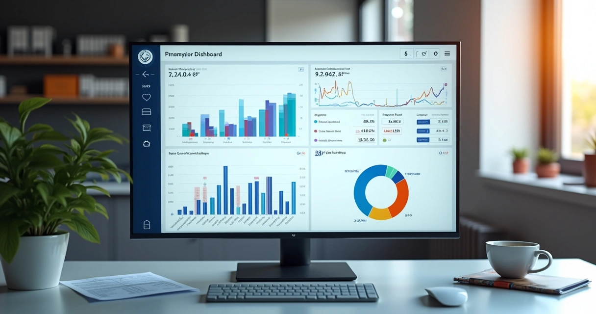 Painel de ERP mostrando relatórios financeiros e de estoque 