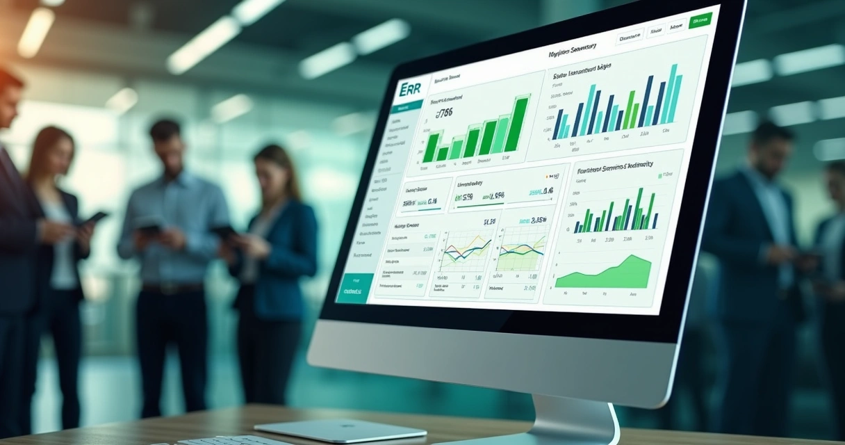 Painel de ERP mostrando vendas, estoque e gráfico de finanças 