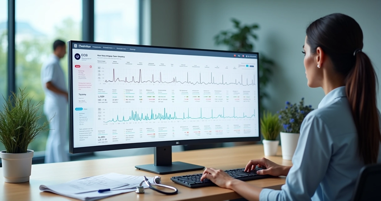 Gestora de clínica analisando painel digital com comparação de empresas de laudos cardiológicos 