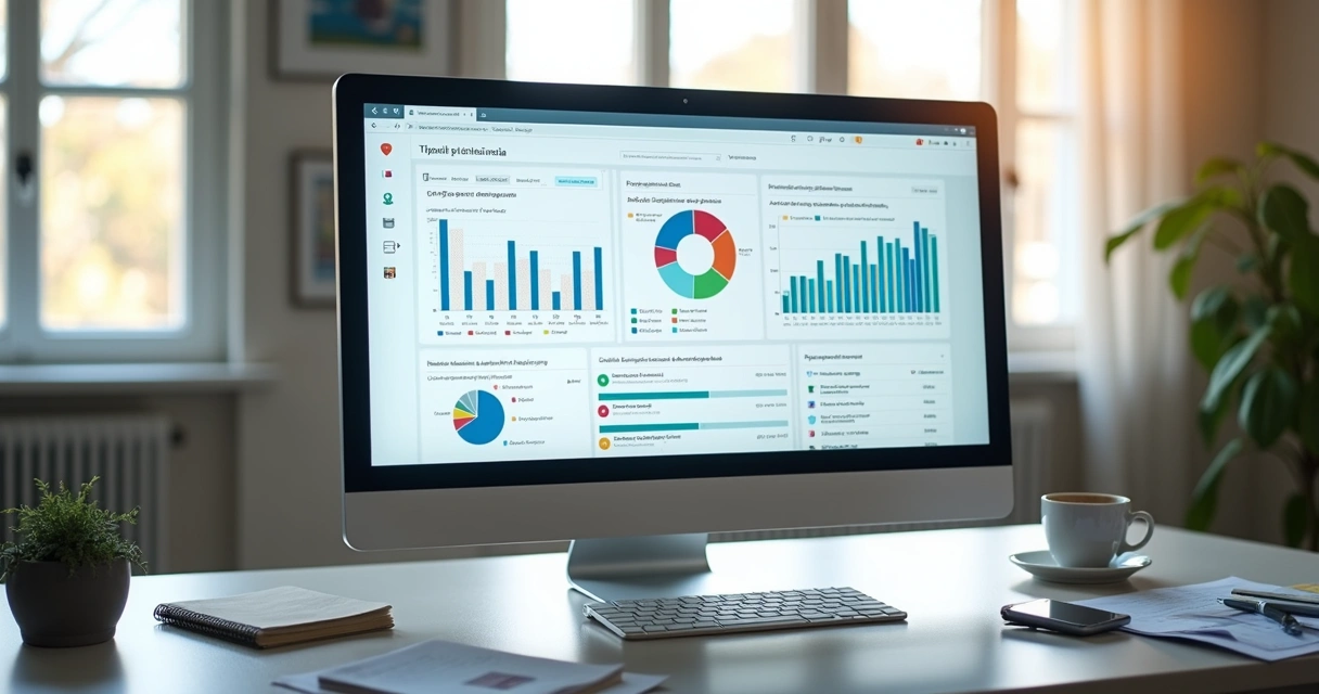 Painel com gráficos e comentários de clientes em monitor 
