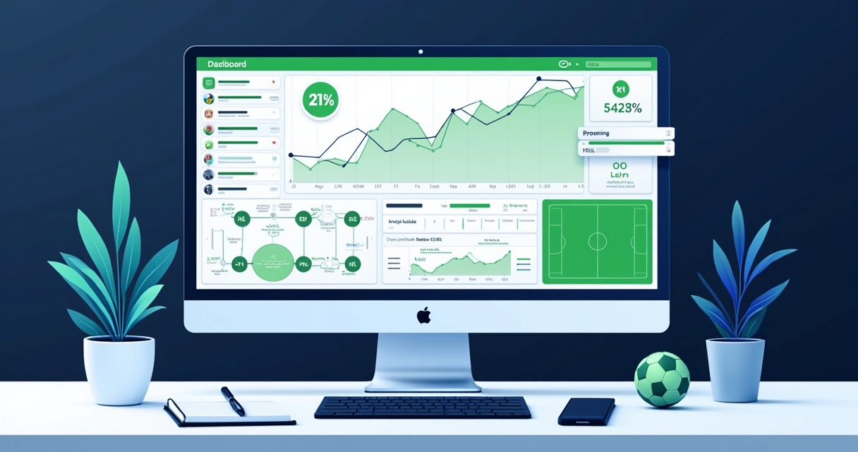 Painel com gráficos e métricas de futebol em tela digital 