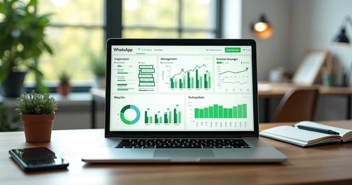 Painel de estatísticas com gráficos sobre grupos de WhatsApp em tela de notebook 