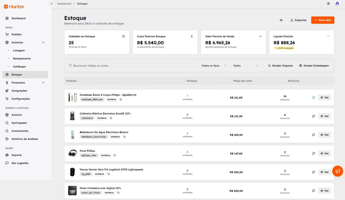 Tela do painel Estoque da plataforma Hunter mostrando lista de produtos, unidades em estoque, preços e anúncios