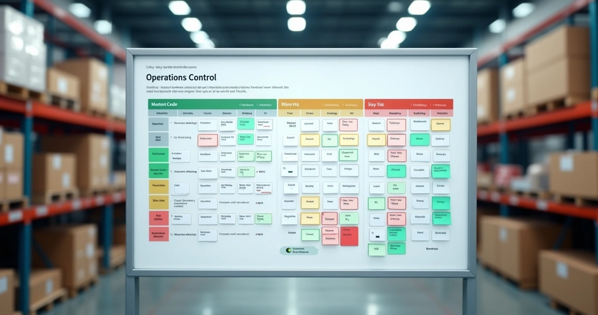 Painel com níveis de estoque e status de pedidos industriais