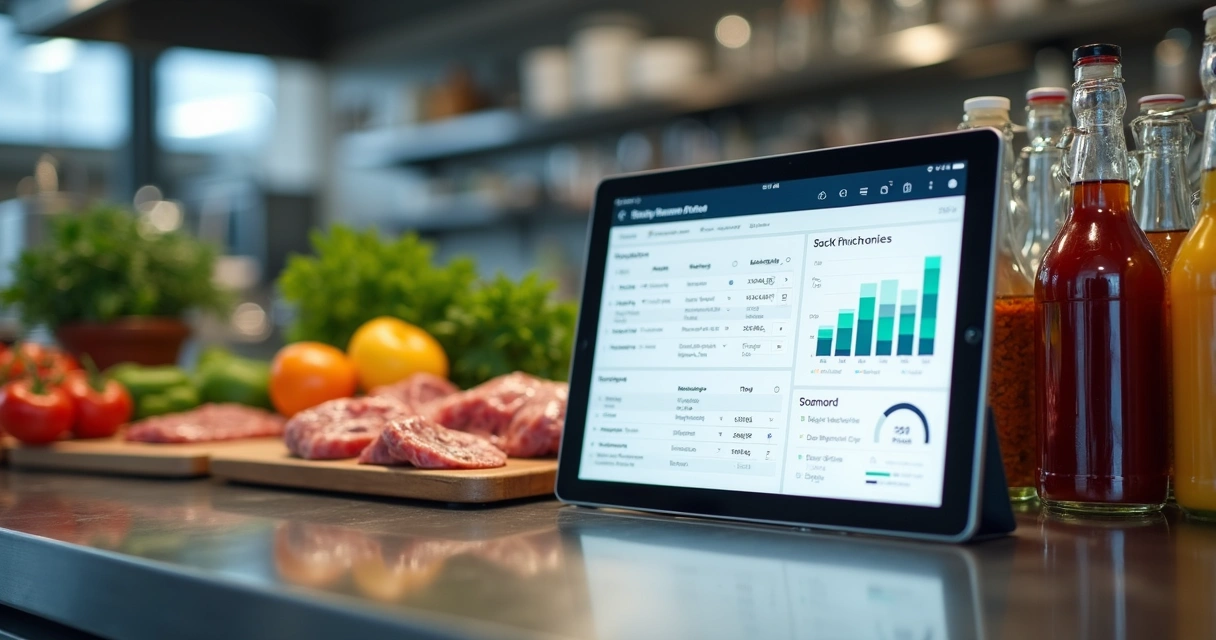 Tablet com painel de estoque ao lado de ingredientes organizados 