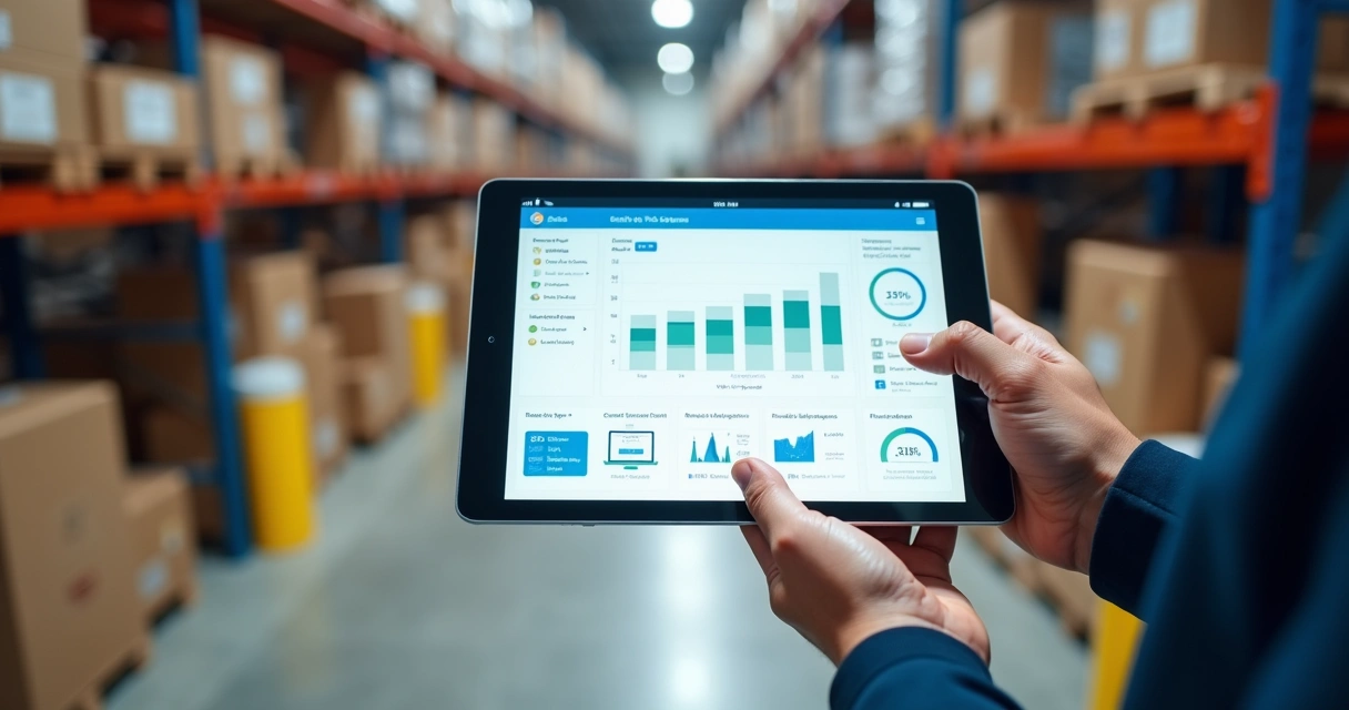 Painel de estoque em tempo real no tablet em operação logística