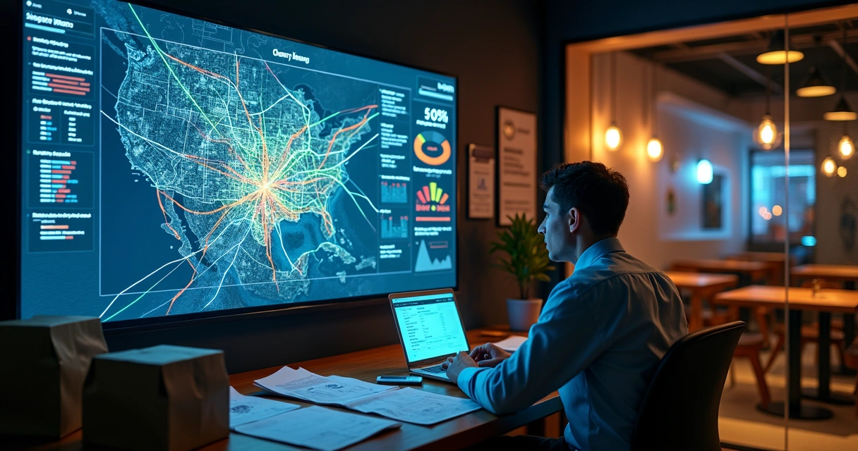 Gestor de delivery analisando mapa da cidade com dados e lucros em grande painel digital 