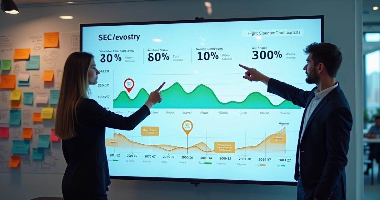 Painel digital com gráfico de SEO, ícones de localização e voz, pessoas analisando dados 