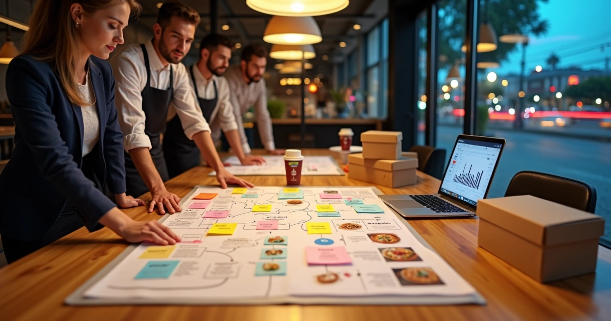 Mesa com painel de estratégias para aumentar vendas no delivery em 2026 