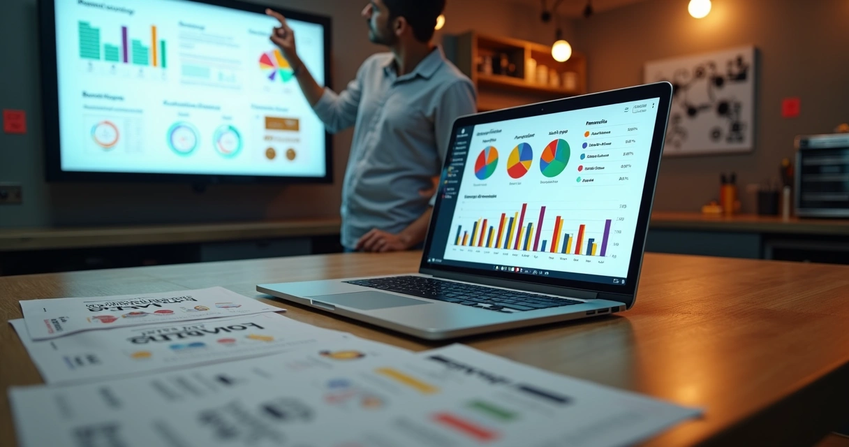 Gestor de restaurante analisando painel com gráficos de delivery e cardápios multimarcas 