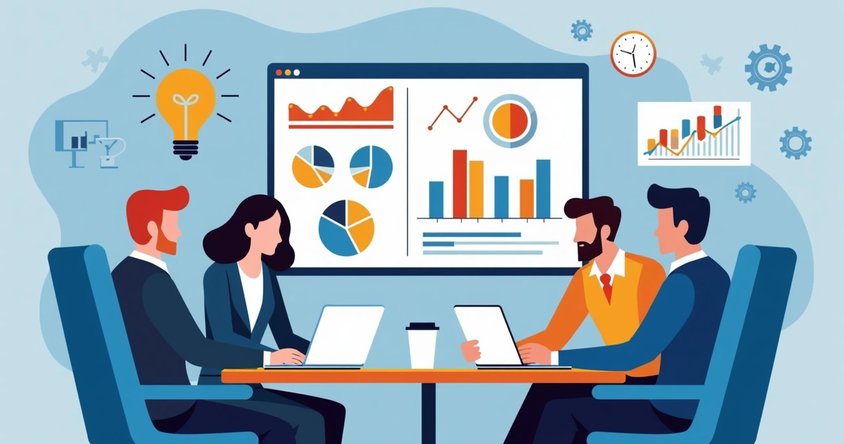 Mesa com equipe analisando painel digital de concorrência 