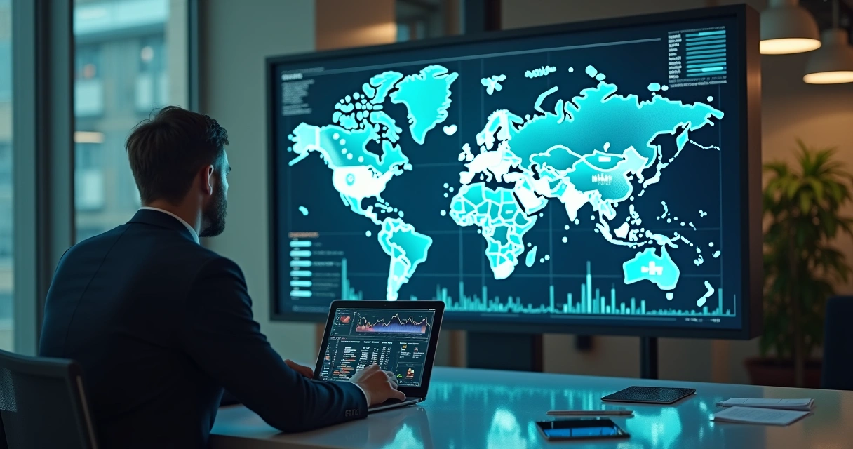 Painel com gráficos de ETFs globais e mapa financeiro 