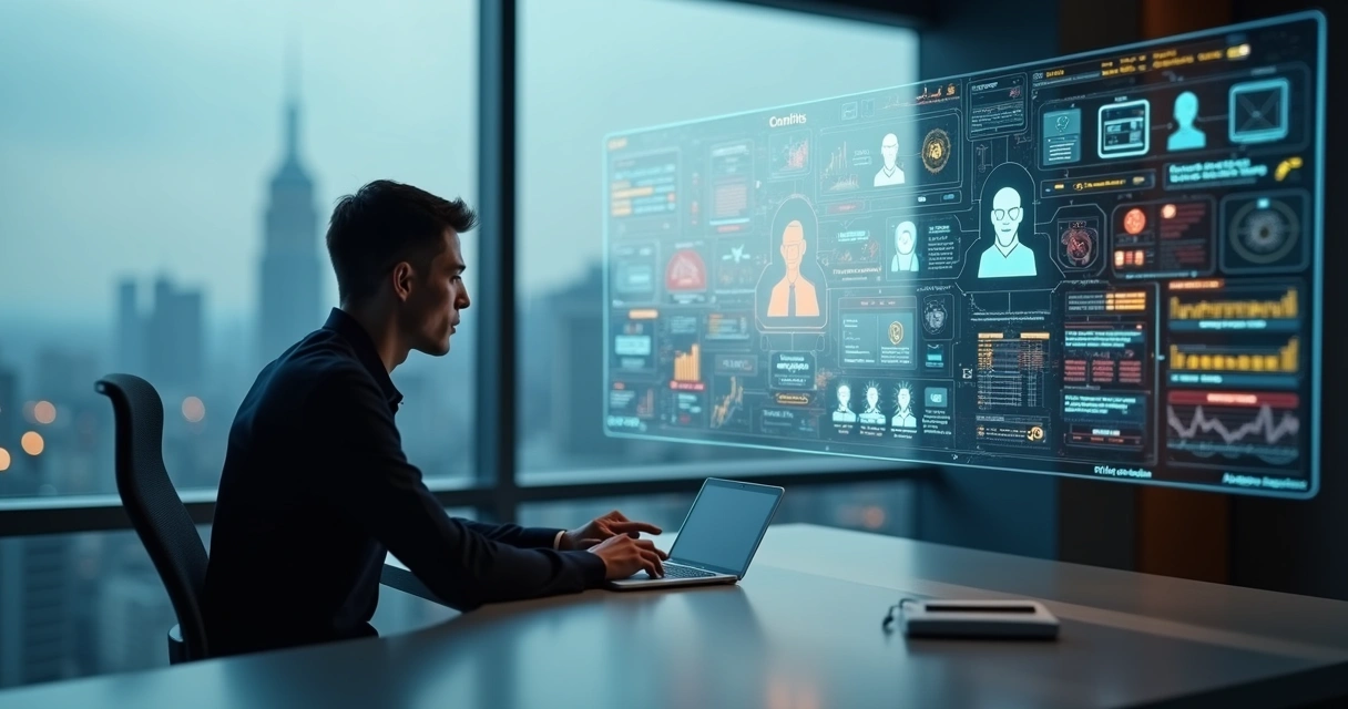 Painel digital com pessoa avaliando alertas éticos em telas