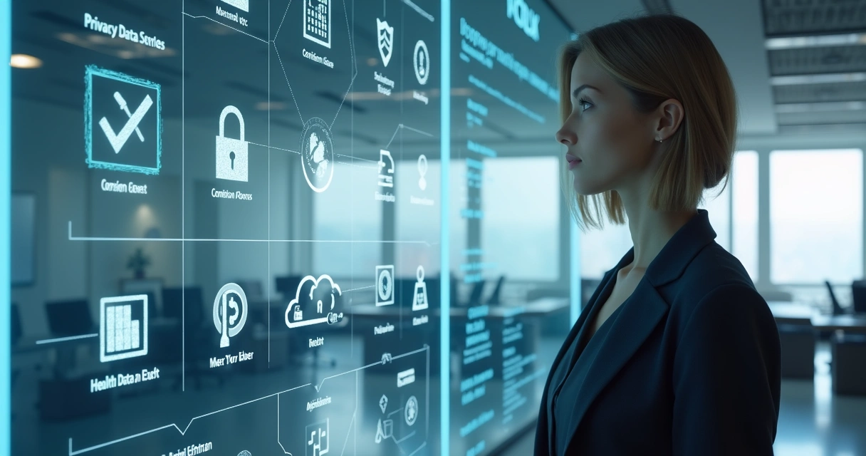 Profissional observa painel digital com dados e alertas de privacidade