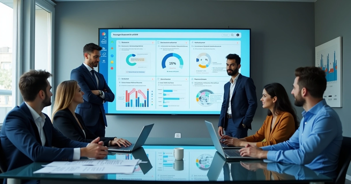 Painel com métricas de ética digital em escritório corporativo 
