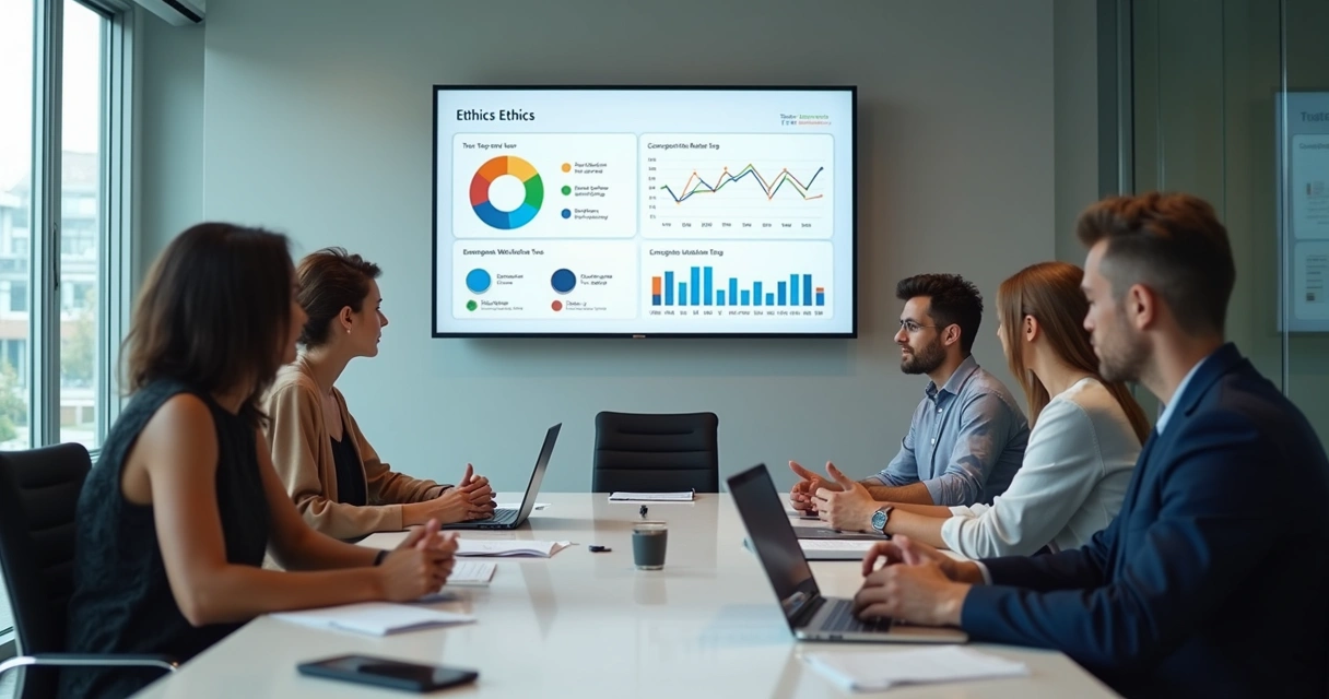 Painel com gráficos e equipe em reunião