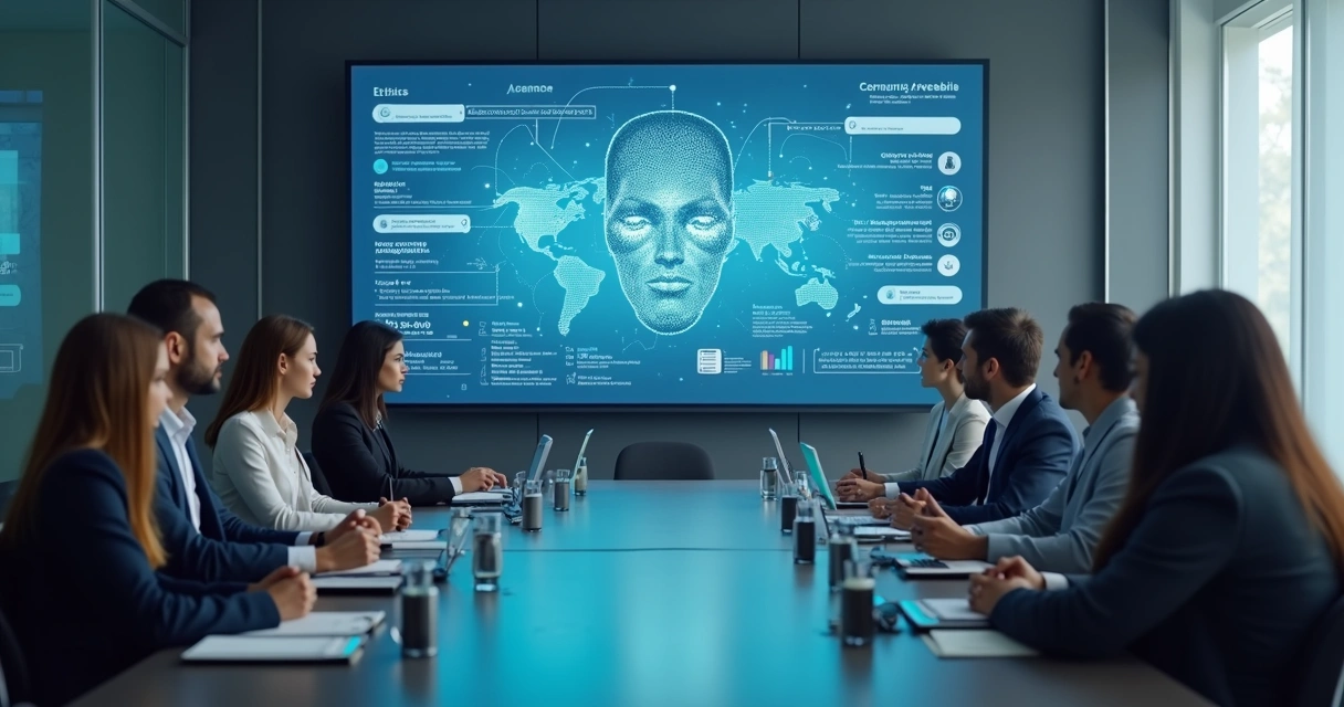Painel digital com equipe reunida em sala de reunião 