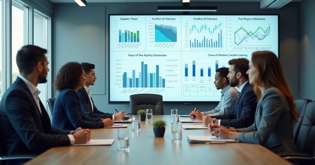 Painel com métricas éticas e equipe em reunião