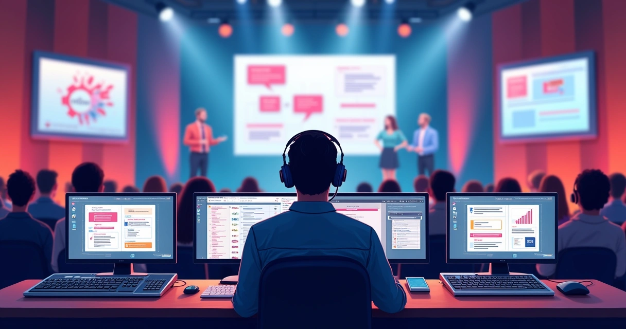 Mesa de controle técnico em evento com monitores mostrando público online e palco presencial