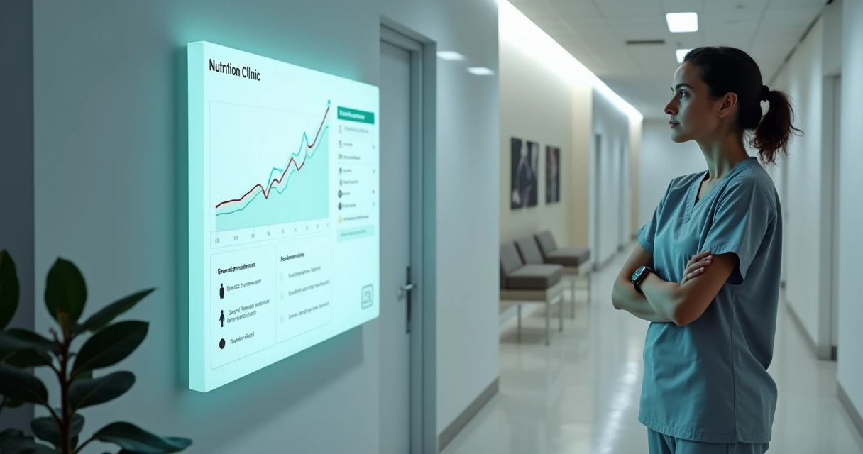 Nutricionista observa linha de evolução de paciente em painel digital na parede da clínica 