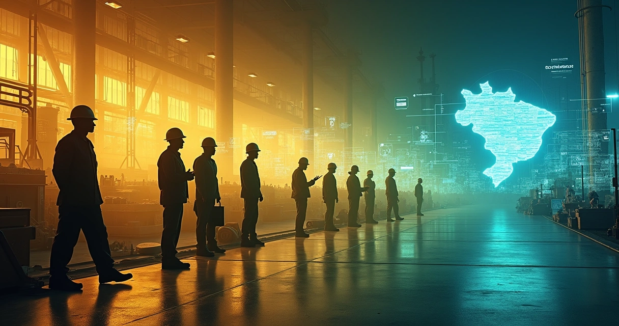 Linha do tempo de segurança e saúde no trabalho no Brasil com símbolos de lei e tecnologia 