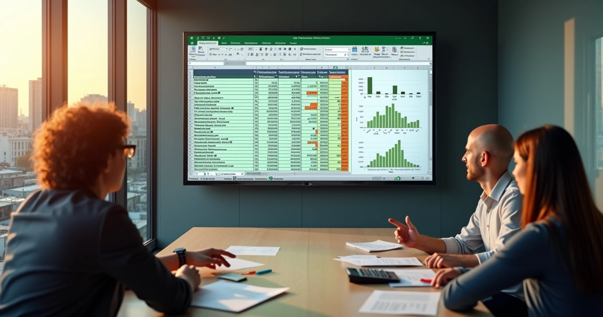 Tela grande com planilha de aluguel em Excel mostrando imóveis e gráficos coloridos 