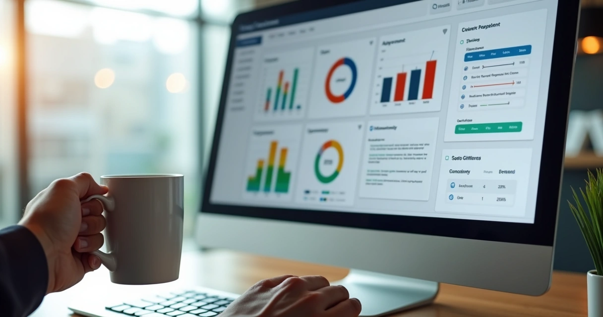 Dashboard executivo de gestão condominial em tela de computador