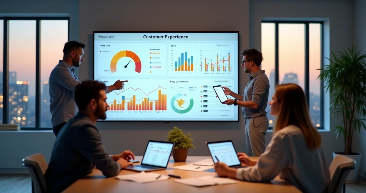 Equipe analisando painel digital com métricas de experiência do cliente 