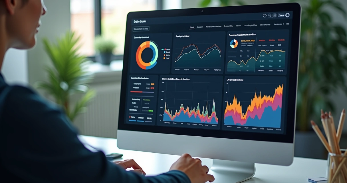 Dashboard automatizado destacando tags e gráficos de sentimento de feedback dos clientes. 