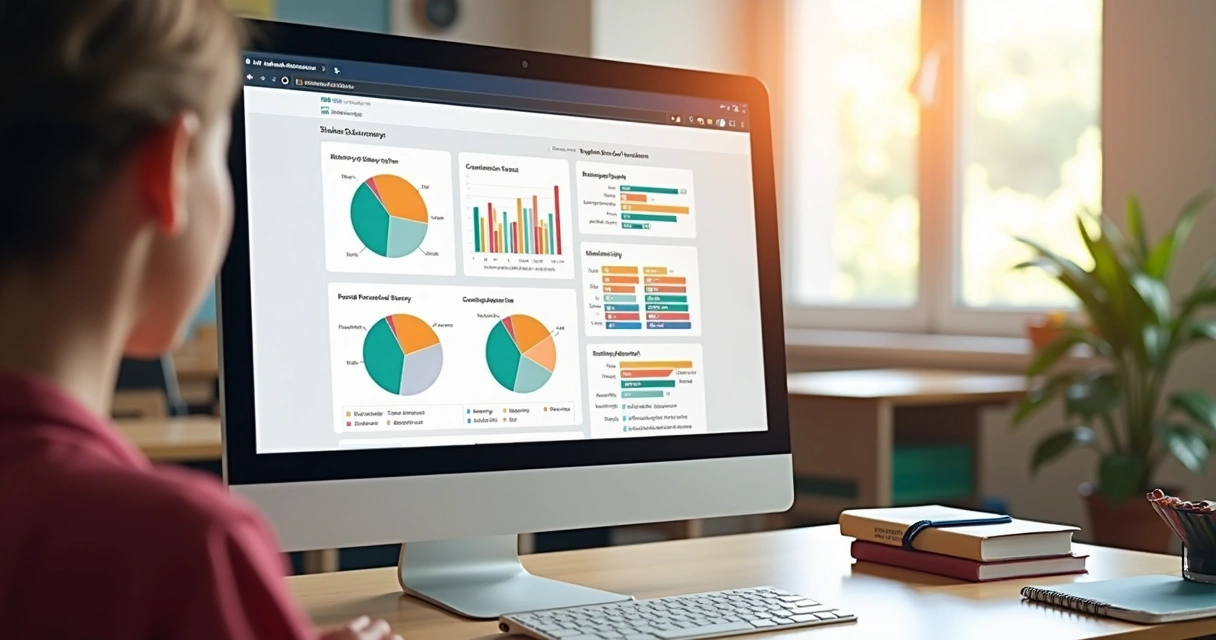 Tela de computador exibindo painel de feedback escolar com gráficos coloridos sobre satisfação dos alunos.