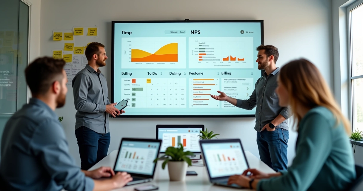 Equipe analisa painel de feedbacks. 