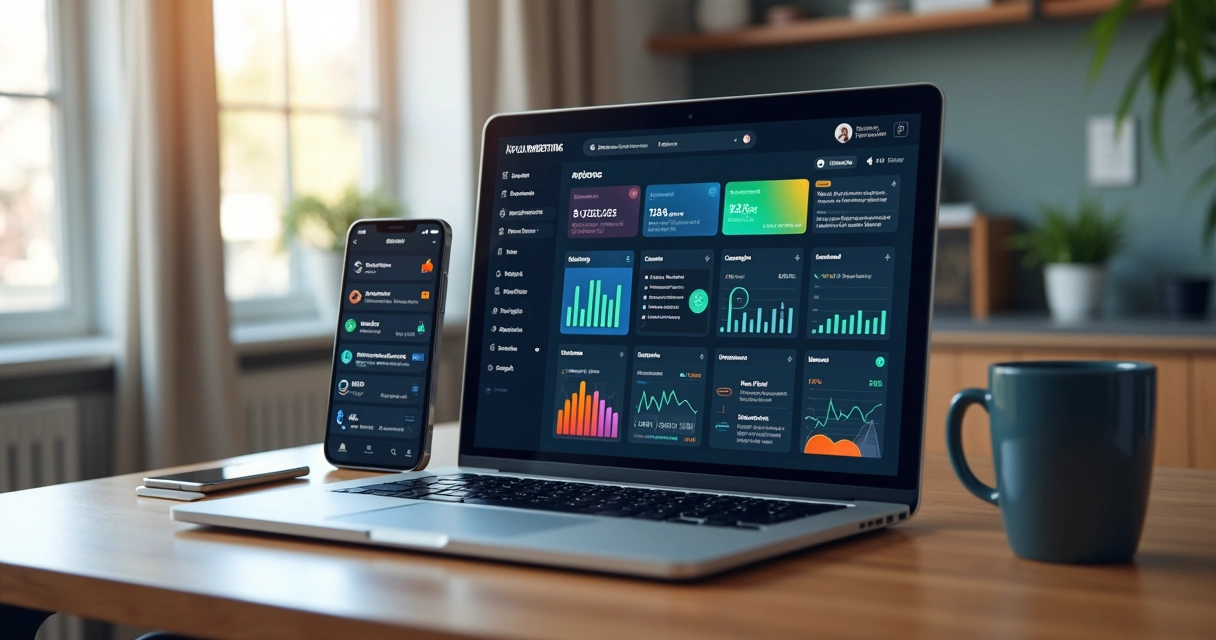 Painel de ferramenta tudo em um para afiliados digitais em notebook e smartphone 