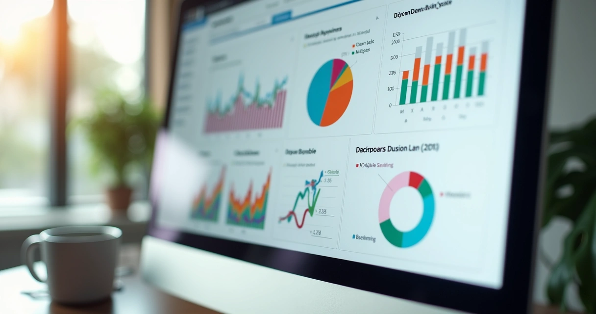 Visualização de painel de ferramenta de SEO com gráficos e relatórios 