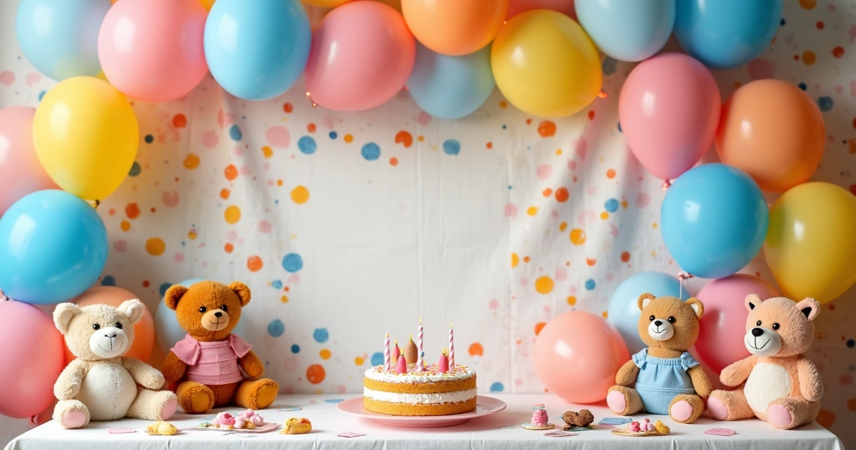 Painel decorado com brinquedos e balões em festa infantil. 