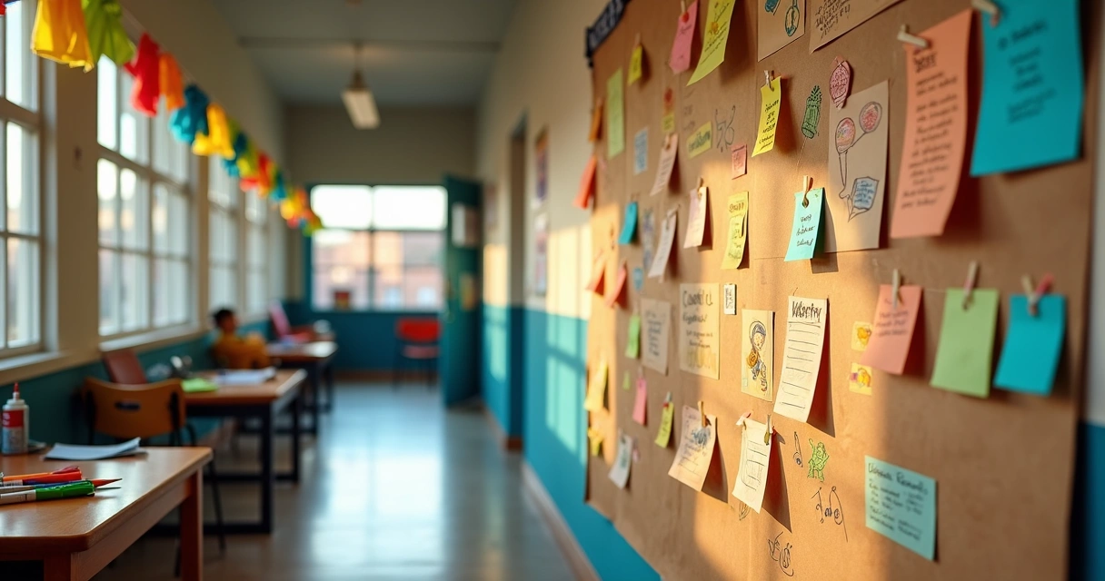 Corredor de escola com painel criativo de festa junina colorido 