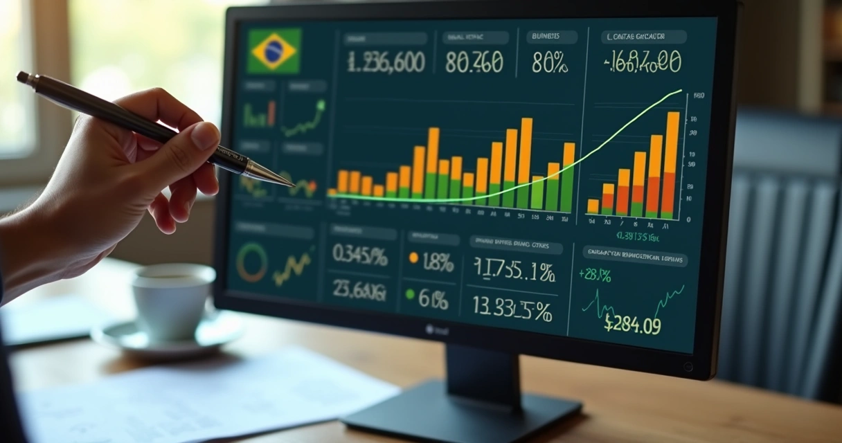 Gestor brasileiro analisando gráficos financeiros em painel digital 