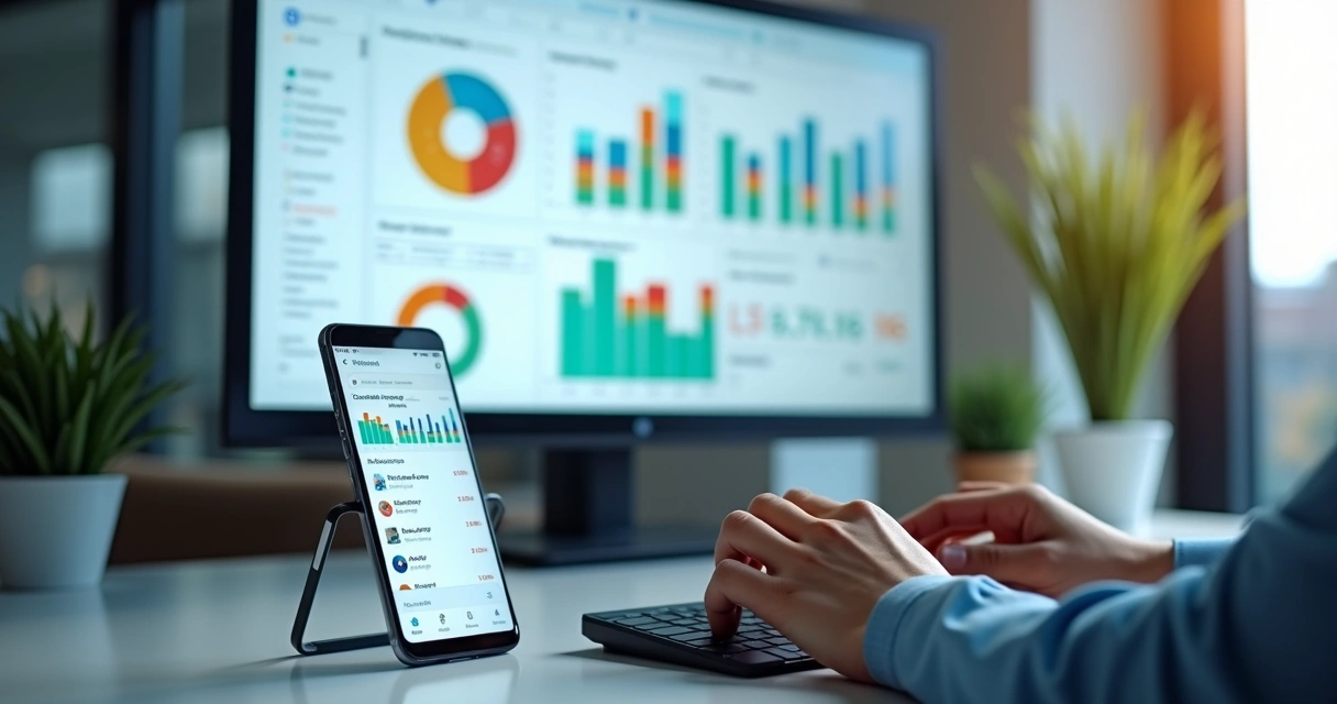 Painel digital com gráficos financeiros e planilhas em tela 