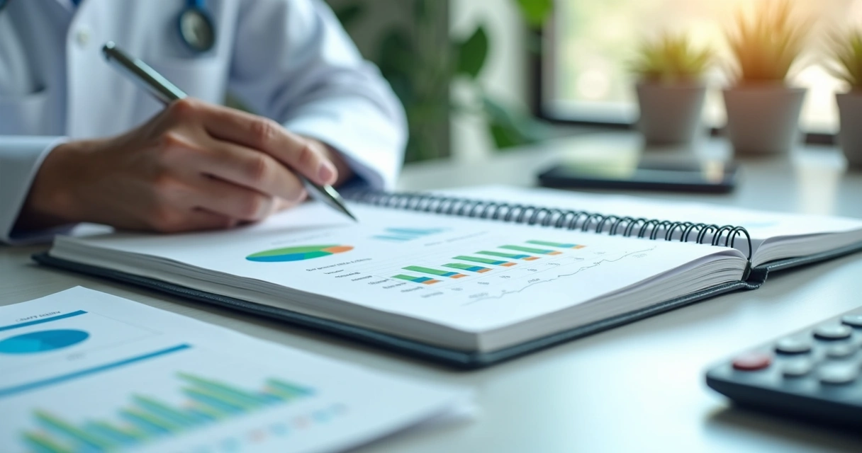 Painel financeiro de clínica em notebook com gráficos e relatórios 