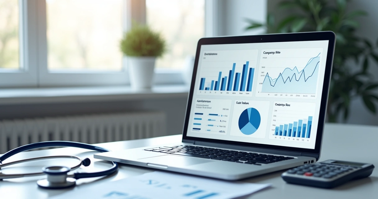 Painel financeiro em notebook com gráficos de clínica médica