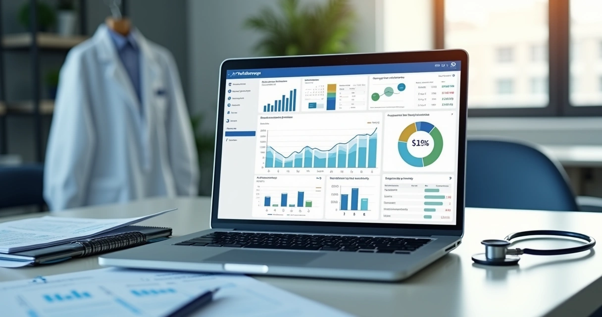 Painel financeiro de clínica em notebook sobre mesa de trabalho